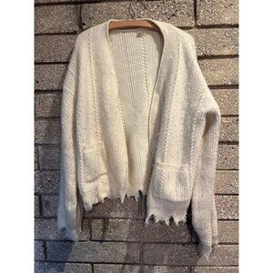Distressed Cream Open Knit Cardigan Sweater Medium POL Soft Acrylic Blend Womens